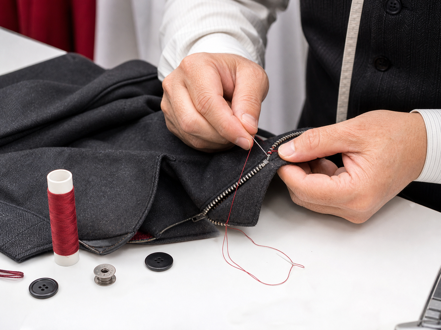 Reparatur eines Reißverschlusses mit rotem Faden